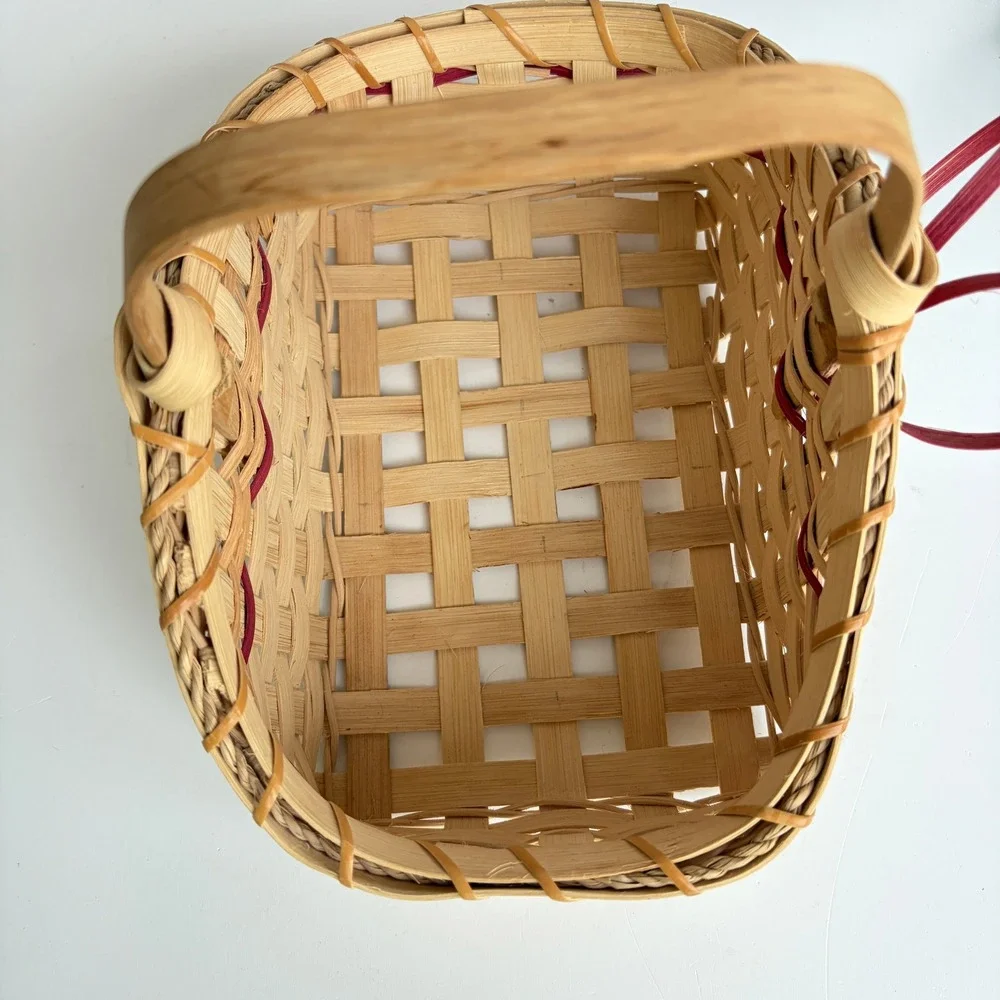 Handwoven Wood Splint Basket with Red Bow and Fixed Handle Natural 8.5 Inch